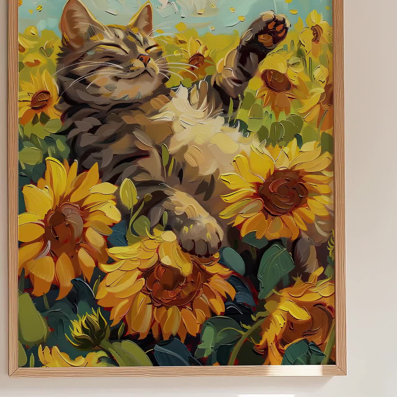 ヴィンテージひまわり猫油絵プリント | ゴッホのひまわり静物画に
